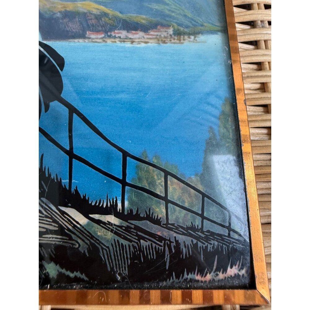Vintage 40's Reverse Painted Silhouette Victorian Couple Mountain scene Picture - Picture 4 of 9